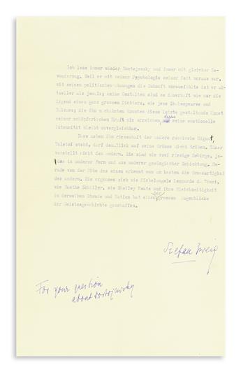 ZWEIG, STEFAN. Three items, each Signed, to editor William Kozlenko: Typed Letter * Autograph Letter * Typescript.